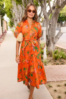 Anita Orange Floral Print Midi Dress | Avara