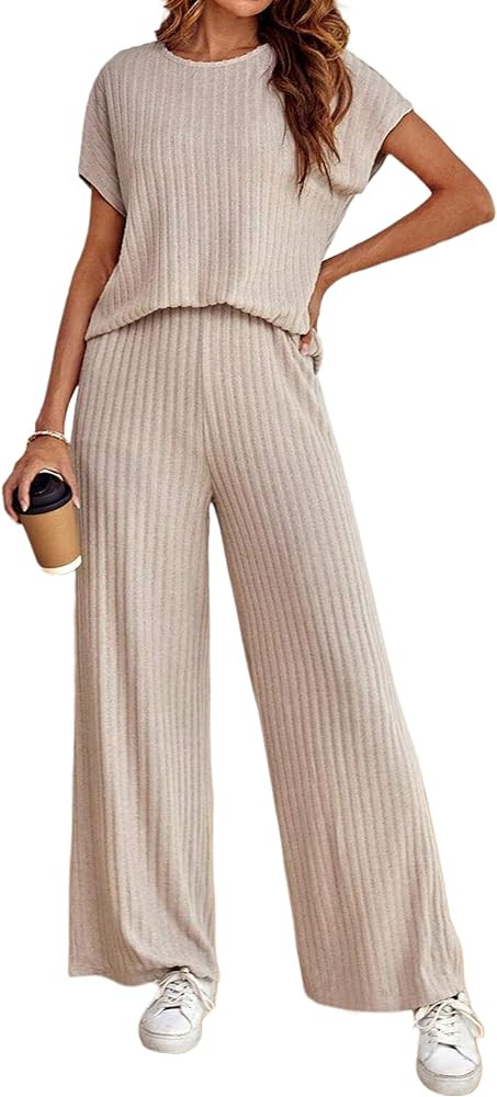 Women's Casual Two Piece Set Crewneck Short Sleeve Ribbed Knit Tops Wide Leg Lounge Outfits | Amazon (US)