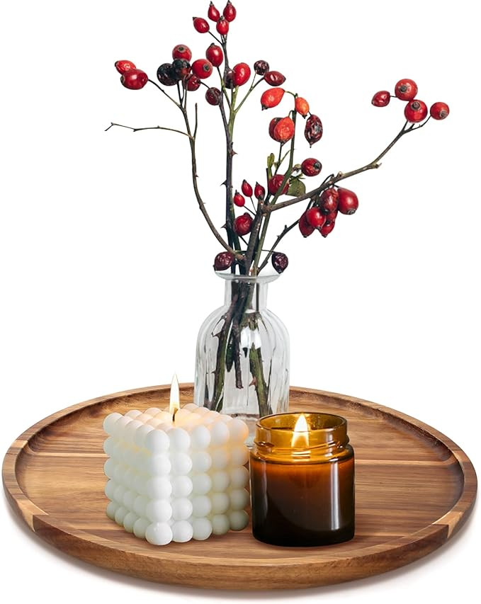 Acacia Round Wood Tray Decorative Serving Trays for Ottoman Coffee Table Candle Holder Tray Kitch... | Amazon (US)