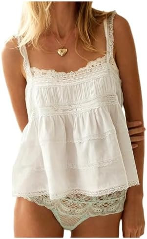 Women Lace Trim Eyelet Tank Top Boho Ruffle Lace Babydoll Cami Top Backless Hollow Out Tiered Pep... | Amazon (US)