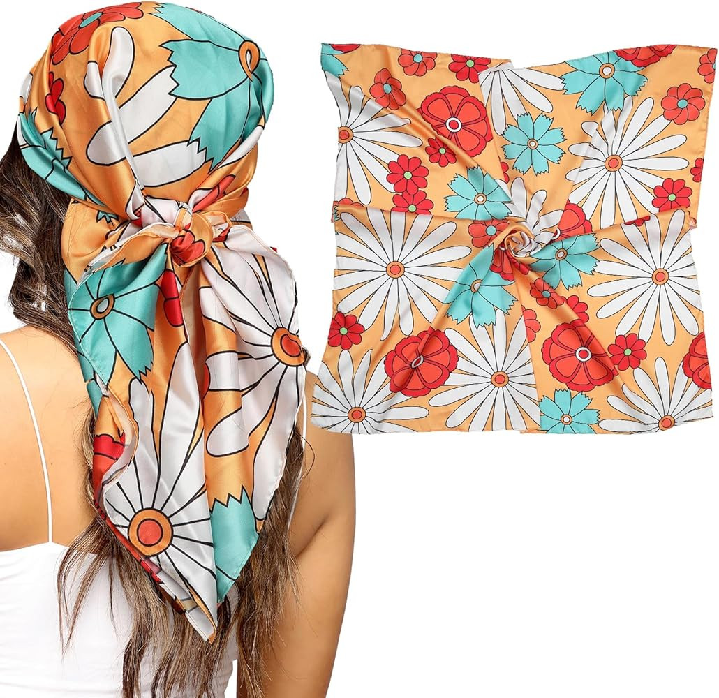 AWAYTR 35” Silk Scarf for Women Large Head Scarf Square Hair Scarf Satin Hair Bandana Printed S... | Amazon (US)