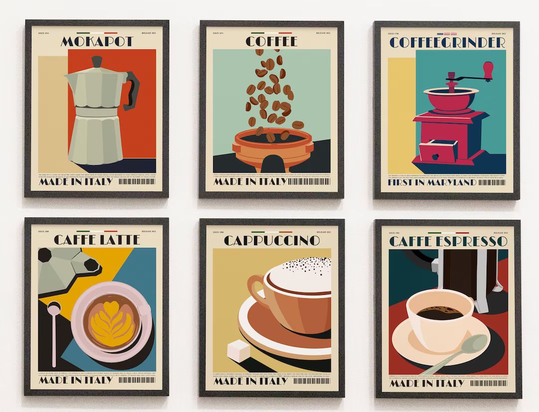 Set of 6 Coffee Print Mid Century Modern Wall Art Decor - Etsy UK | Etsy (UK)
