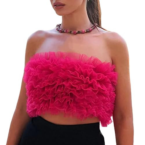 Women's Sexy Strapless Tulle Crop Top Elegant Mesh Pleated Tube Tops Off Shoulder Bustier for Party Clubwear Hot Pink | Amazon (US)