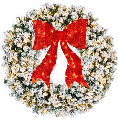 Best Choice Products 36in Artificial Pre-Lit Flocked Fir Christmas Wreath Decor w/ Red Bow, 150 LED Lights, 300 Tips | Target
