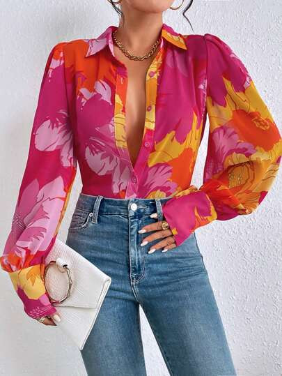 SHEIN Privé Floral Print Button Front Shirt | SHEIN
