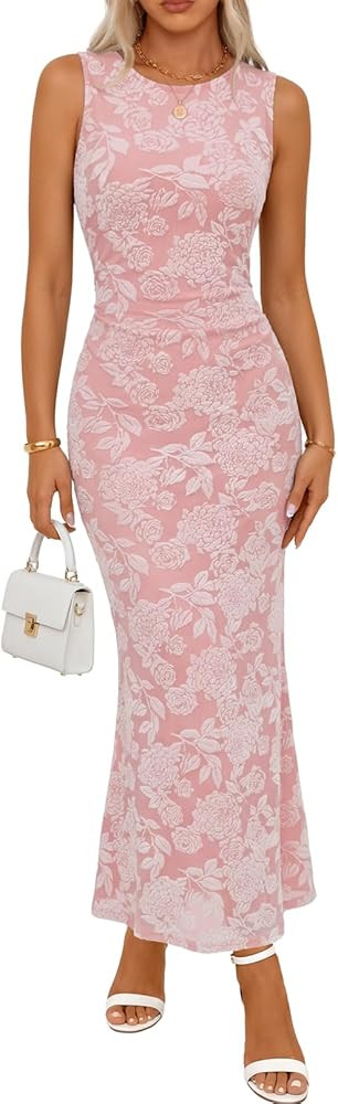 MEROKEETY Women's Summer Sleeveless Floral Bodycon Dress 2026 Spring Mesh Wedding Guest Cocktail ... | Amazon (US)