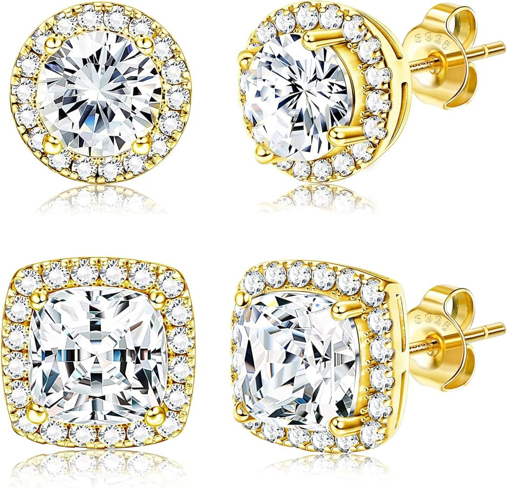 Hayoso 18K Gold Plated Halo Stud Earrings 925 Sterling Silver Cubic Zirconia Stud Earrings Round ... | Amazon (US)