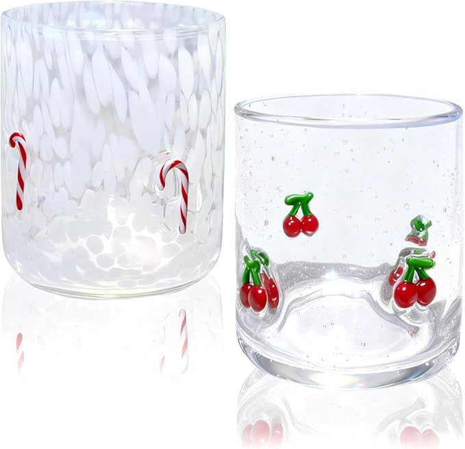 2 Pcs Christmas Icon Glass Cups - 14 oz Christmas Cane & Cherry Icon Juice Glasses, Hand-blown Ol... | Amazon (US)