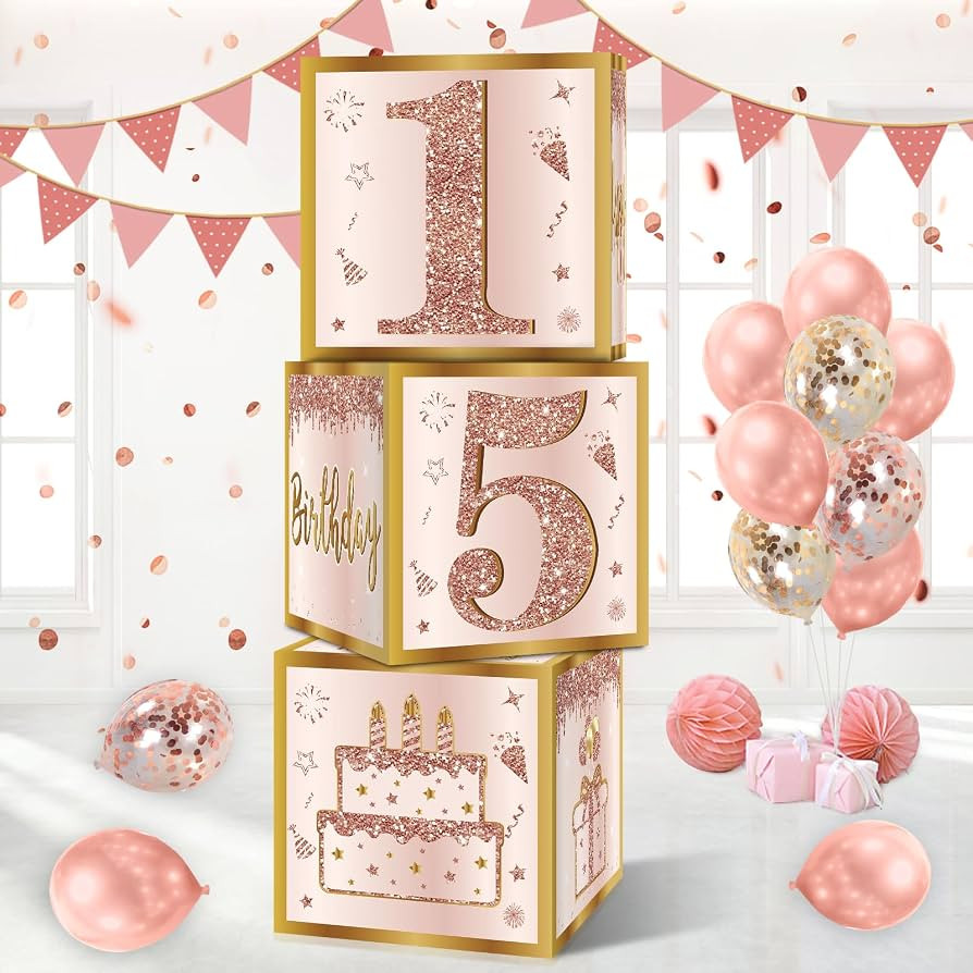 Guiruiy 3Pcs 15th Birthday Decorations Boxes for Girls, Pink Rose Gold Sweet 15th Birthday Balloo... | Amazon (US)