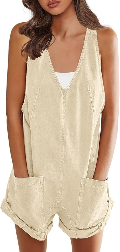 SENSERISE Womens Overalls Shorts Denim Romper V Neck Sleeveless Shortall Loose Fit Jumpsuit with ... | Amazon (US)