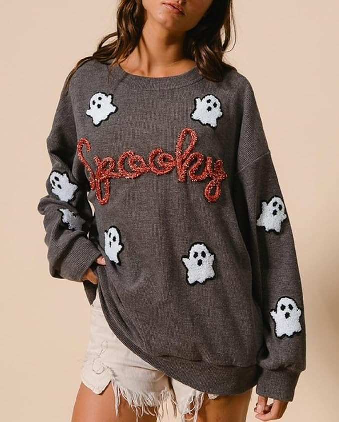 Women Halloween Sweater Cute Ghost Graphic Knit Sweatshirt Pullover Casual Long Sleeve Crew Neck ... | Amazon (US)