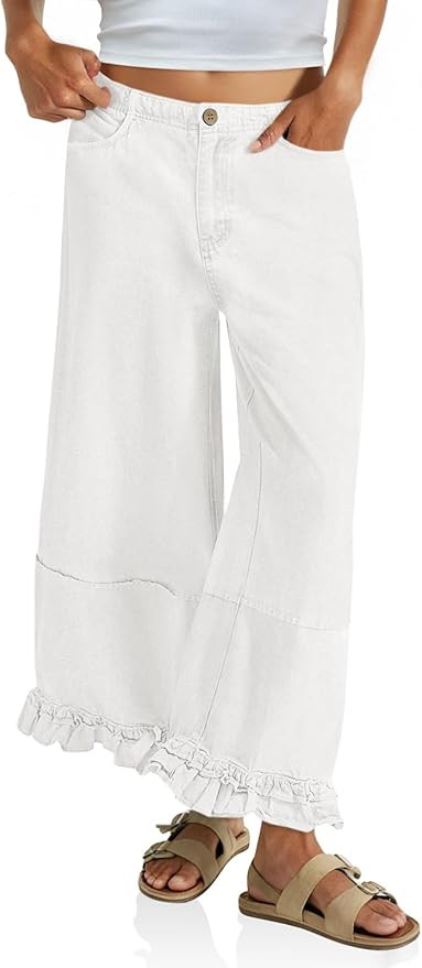 Cicy Bell Womens Ruffle Wide Leg Jeans Cropped Elastic High Waisted Baggy Denim Pants with Pocket... | Amazon (US)