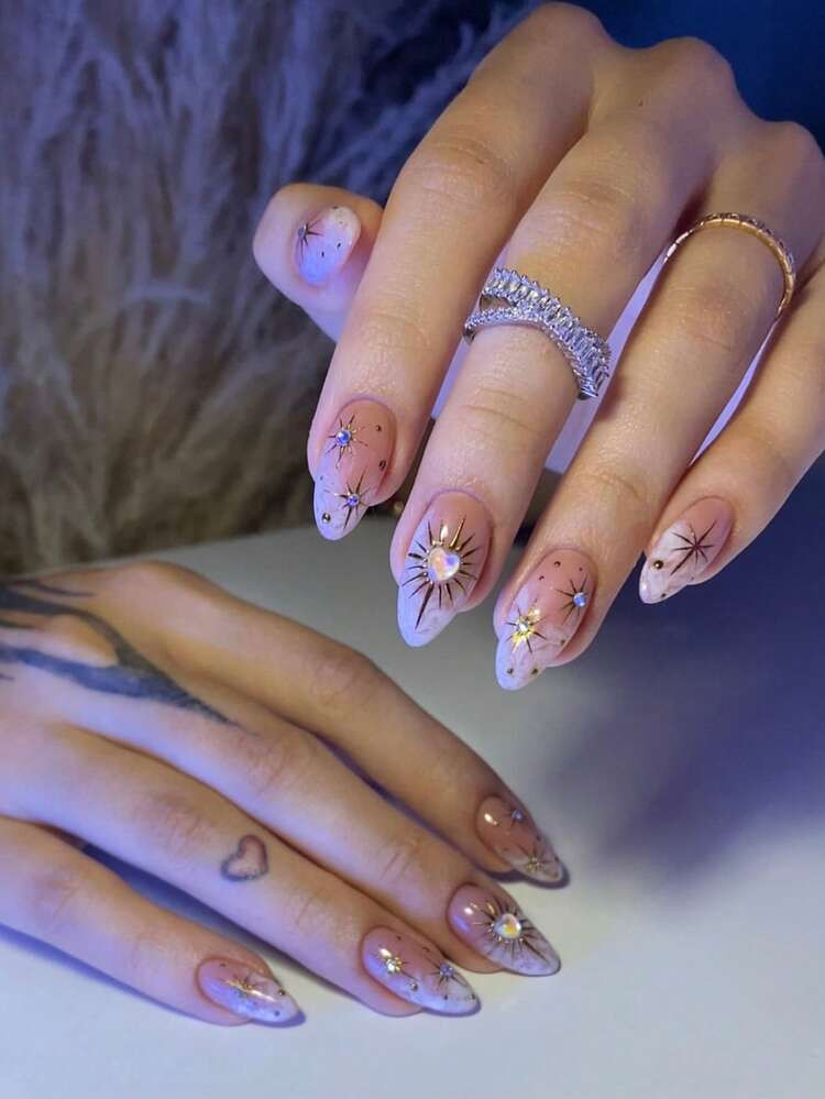 24pcs Medium Almond Shaped Ombre Nail Stickers, 3D Heart & Starry Elegant Full Coverage Design, S... | SHEIN