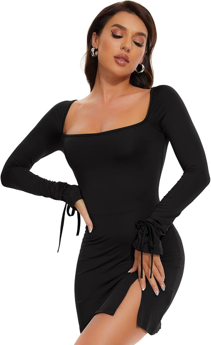 Women’s Long Sleeve Bodycon Dress Black Mini Square Neck Slit Sexy Dupes Short Dresses Club Par... | Amazon (US)