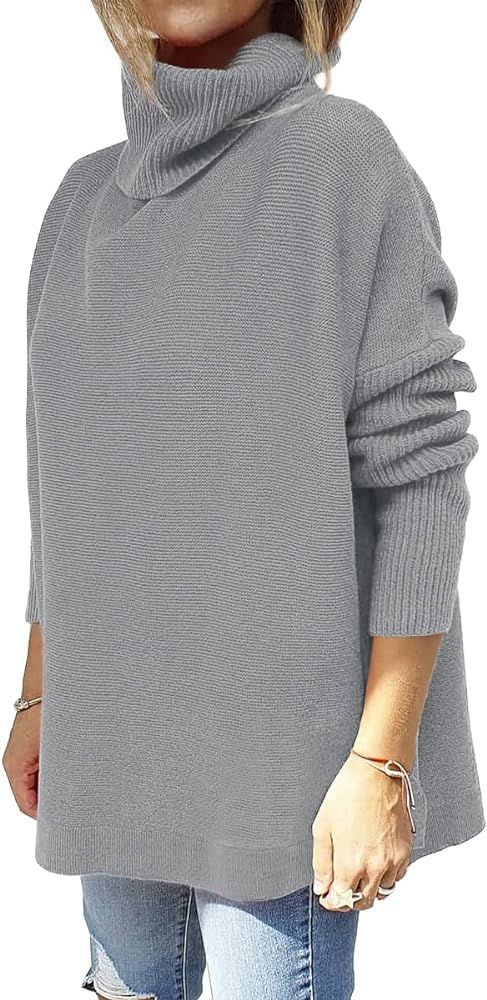 LILLUSORY Women's Turtleneck Oversized Sweaters 2021 Fall Long Batwing Sleeve Spilt Hem Tunic Pullov | Amazon (US)