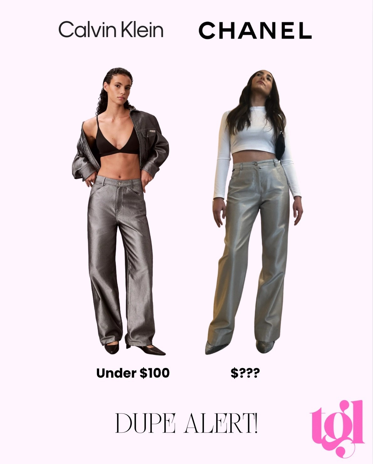 I have found a dupe for a pair of Chanel pants that I rented back in 2021 from a peer-to-peer clothing rental company I used to work for in Brooklyn. I never felt more cool than when I wore these pants. I was on Google searching for shiny/sparkly pants or jeans and these ones from Calvin Klein came up. They don’t say Chanel on them but I think they still are a great dupe. And they’re on sale. 

#chanel #calvinklein #dupealert #salealert #shinypants #silver #metallic 

#LTKHoliday #LTKSeasonal #LTKSaleAlert