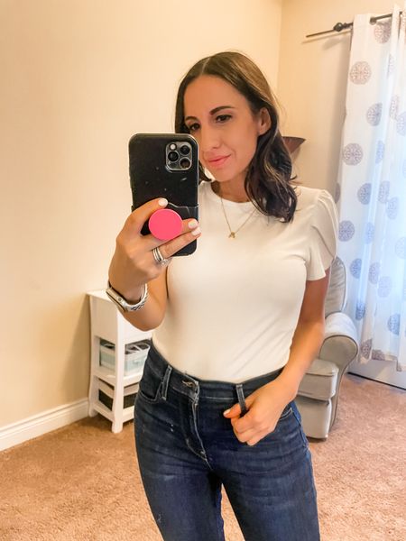 White tulip sleeve bodysuit and jeans. This is one of my favorite combos. 
White bodysuit and mid rise jeans. 
#ltkpetite 
#amazonfashion

#LTKunder50 #LTKunder100 #LTKFind