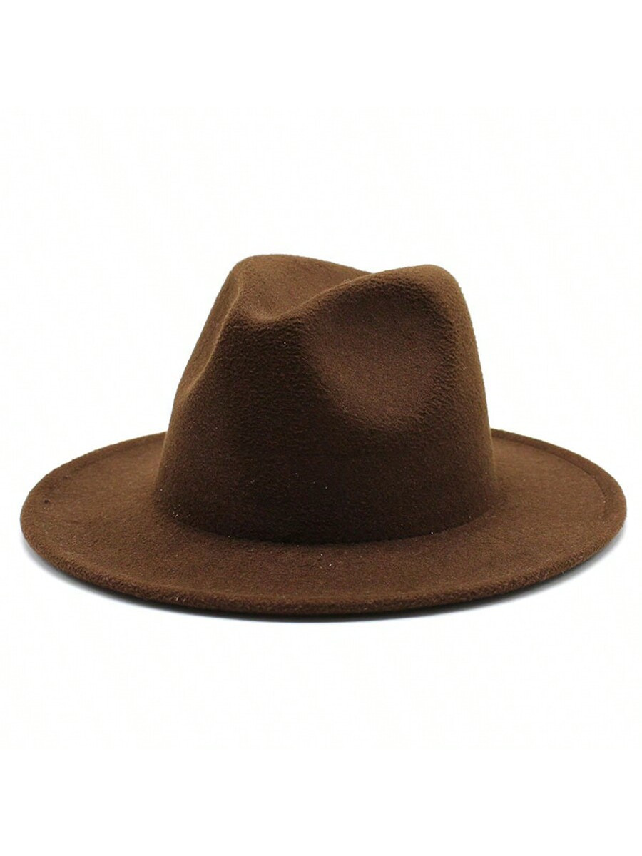 Solid Color Wool Felt Fedora Hat With Wide Brim, Unisex | SHEIN