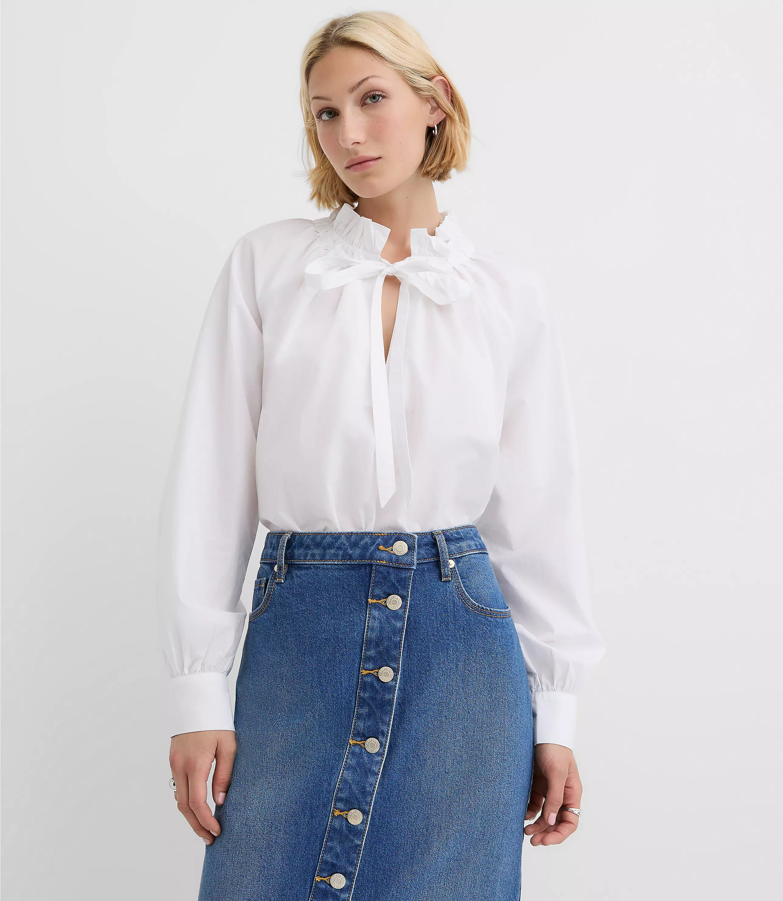 Poplin Ruffle Neck Bow Blouse | LOFT