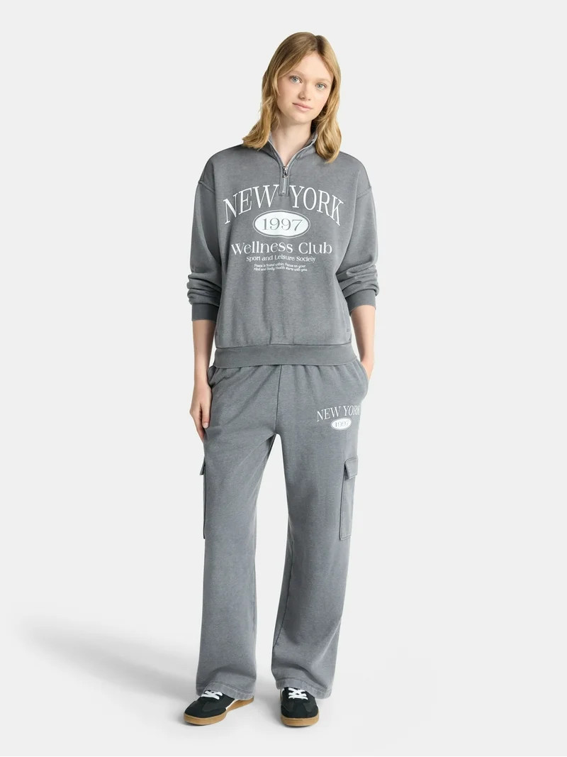 No Boundaries Mineral Wash Quarter Zip-Up Graphic Pullover Sweatshirt, Midweight, Women's | Walmart (US)