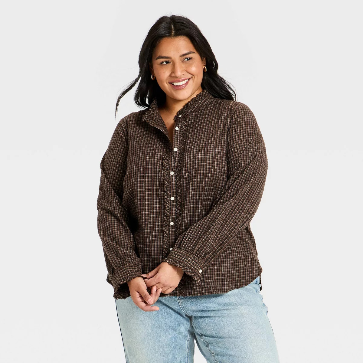Women's Ruffle Long Sleeve Button-Up Ruff Collared Neck Blouse - Universal Thread\u2122 Brown Pla... | Target