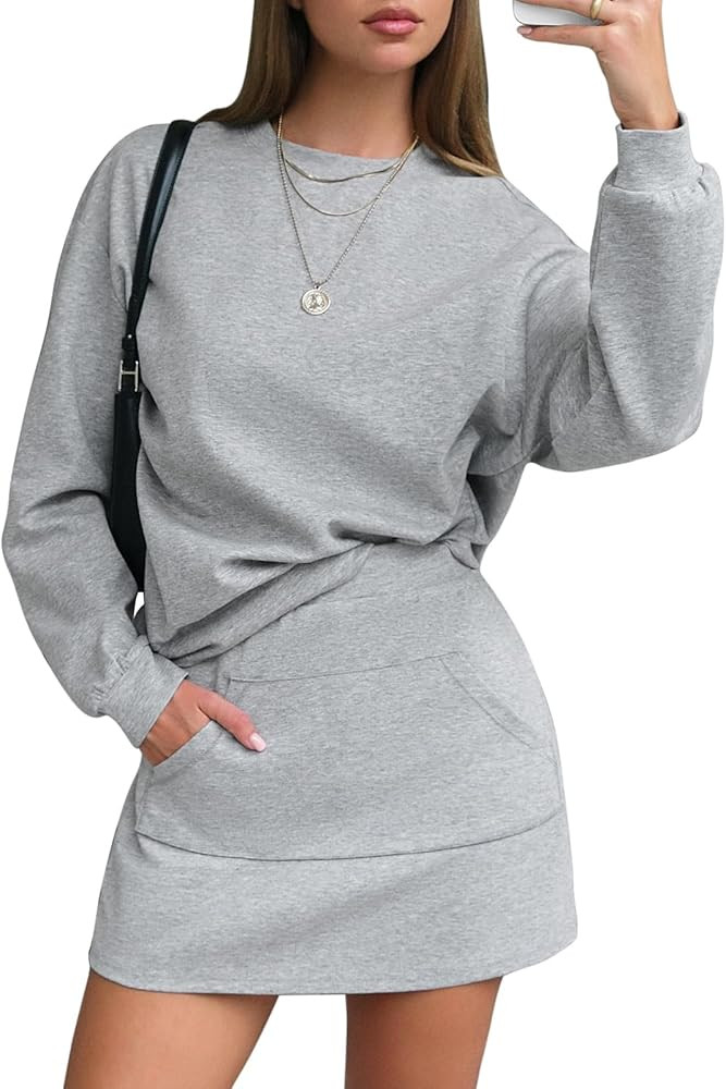 EXLURA Women 2 Piece Skirt Set Airport Outfits 2026 Cotton Travel Sweat Suit Casual Lounge Crewne... | Amazon (US)