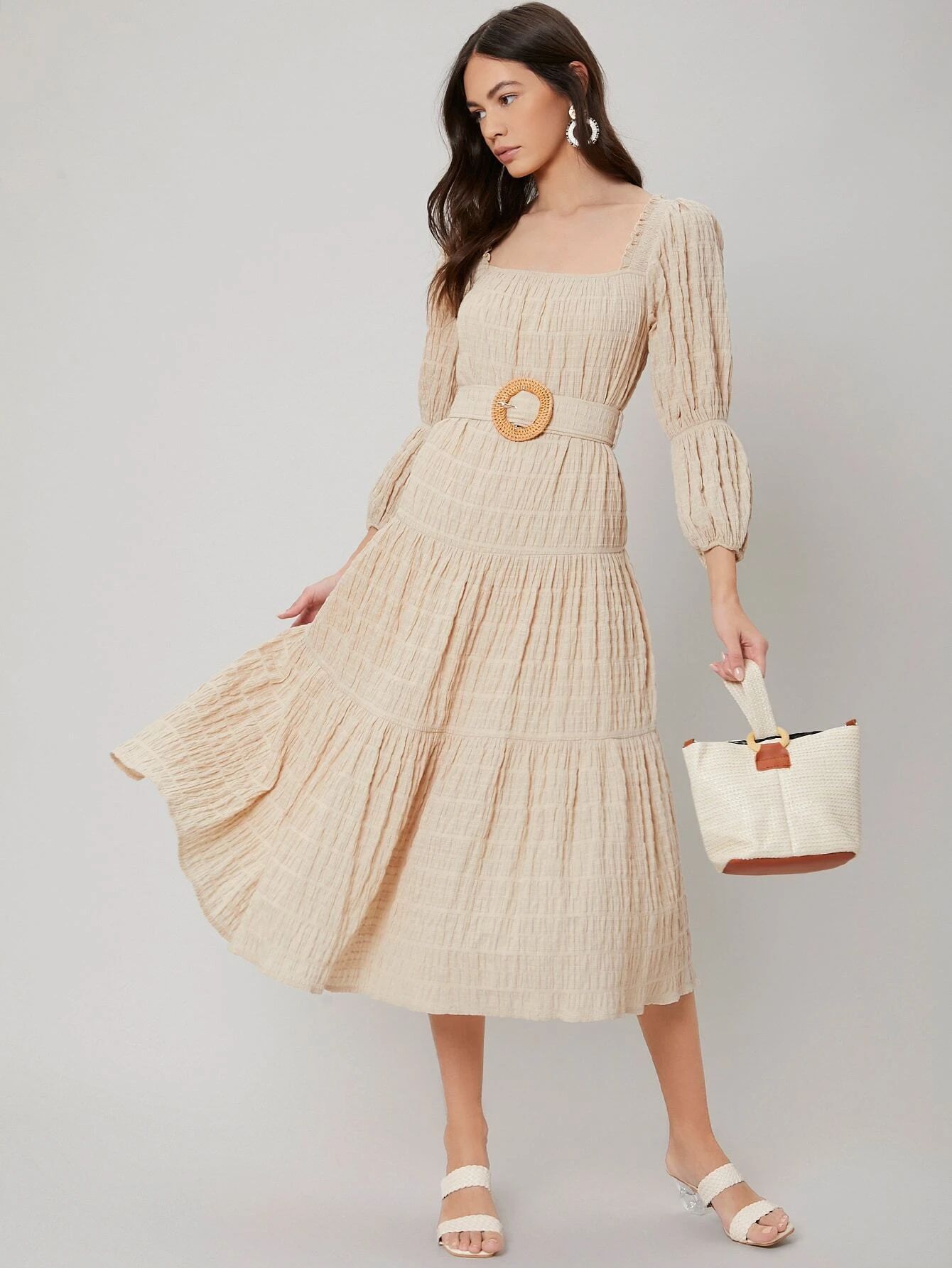 MOTF PREMIUM 100% COTTON GATHERED BELTED DRESS | SHEIN