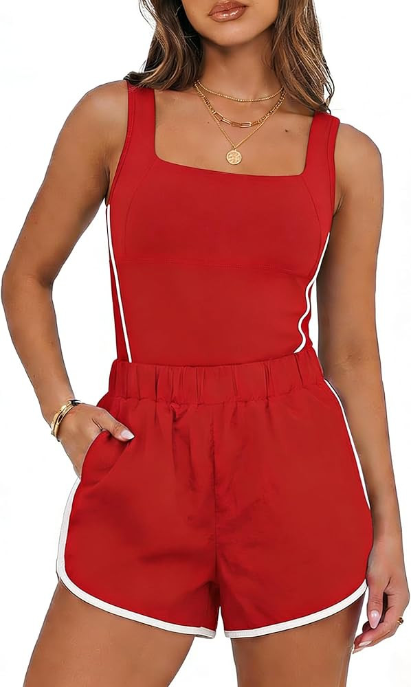 Chunpin Women's Rompers 2026 Athletic Jumpsuits Square Neck Sleeveless Shorts Romper with Pockets... | Amazon (US)