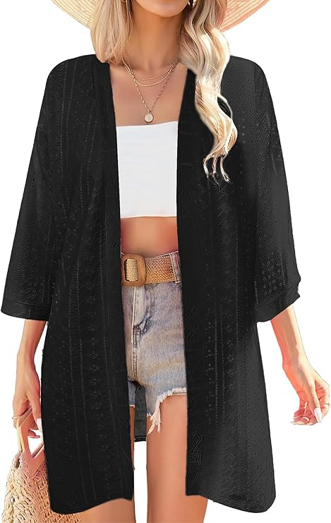 Summer Cardigans for Women Lightweight 3/4 Sleeve Kimono Cover Ups Spring Netted Knit Ruffle Open... | Amazon (US)