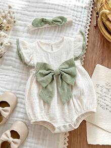Newborn Baby Girls Cute Summer Casual Textured Color-Block Cap Sleeve Bodysuit With Headband | SHEIN