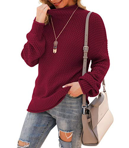 Jouica Women's Turtleneck Sweater Long Sleeve Pullover Knit Tunic Tops,Wine Red,Medium | Amazon (US)