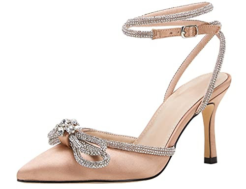 VETASTE Women's Double Bow Pointed Toe Ankle Strap Crystal Pumps Wedding Bridal Party Stilettos B... | Amazon (US)