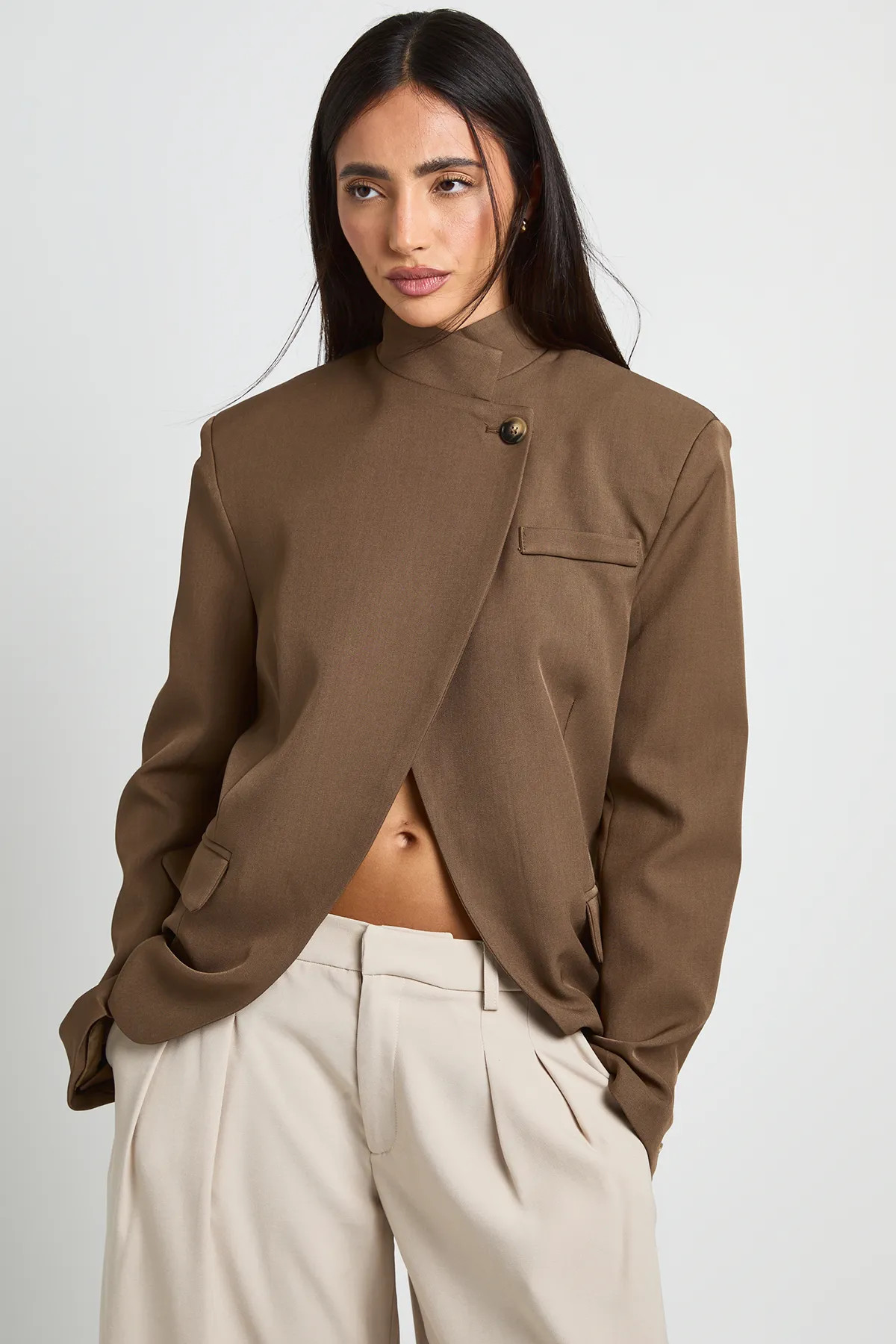 boohoo Women's Funnel Neck Wrap Front Blazer in Khaki | Size: 10 | Polyurethane/Woven | boohoo (US & Canada)
