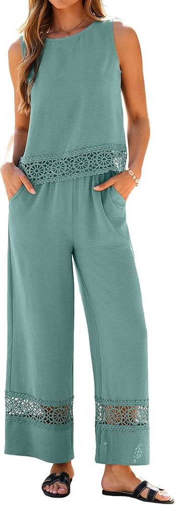 Glamaker Summer Pants Sets Womens 2 Piece Outfits Sleeveless Crop Top Round Neck Lace Wide Leg Be... | Amazon (US)