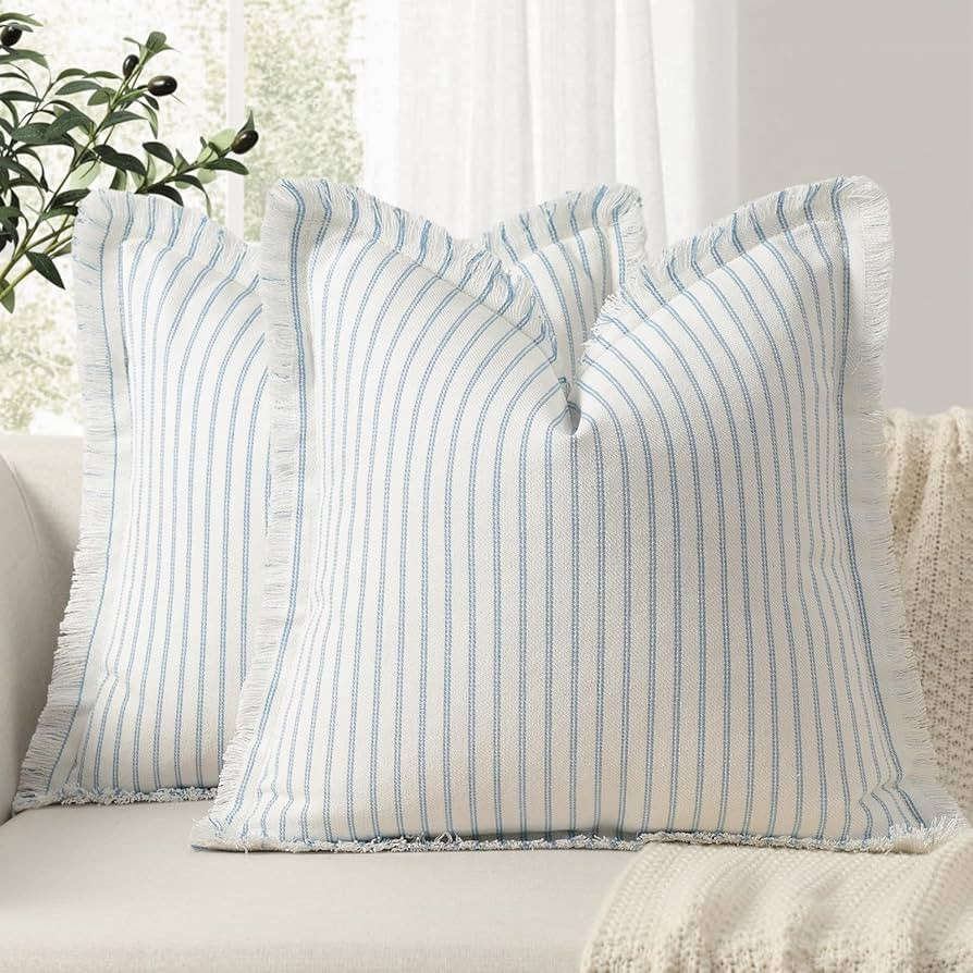 ZWJD Throw Pillow Covers 22x22 Set of 2 Striped Pillow Covers with Fringe Chic Cotton Decorative ... | Amazon (US)