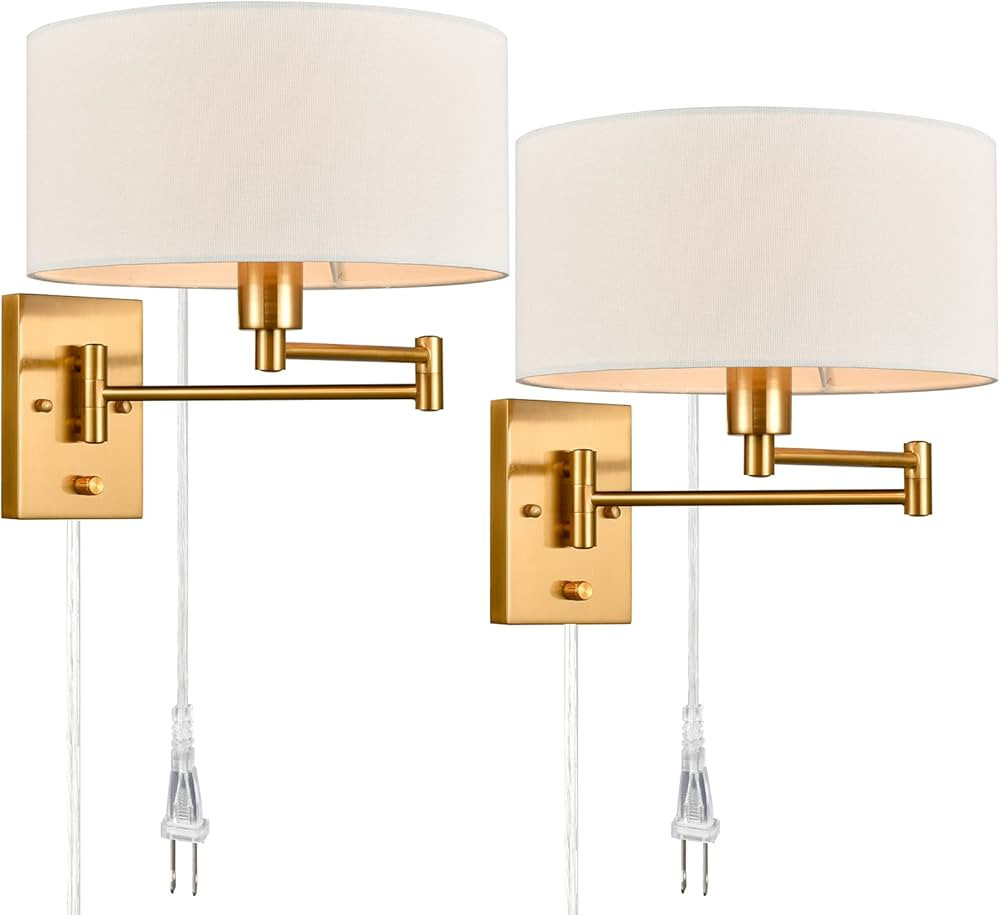 Farmhouse Plug in Wall Sconces Set of Two Brass Swing Arm Wall Lamp with Fabric Shade | Amazon (US)