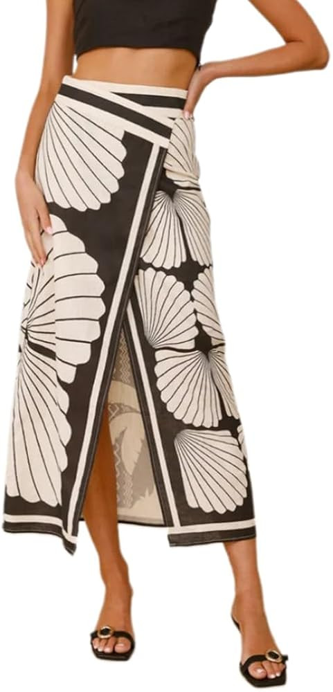 THLAI Women Print Midi Skirt Front Split Maxi Long Skirt Summer Vacation Outfits | Amazon (US)