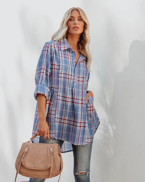 Vindy Cotton Blend Pocketed Plaid Henley Top - Blue - FINAL SALE | VICI