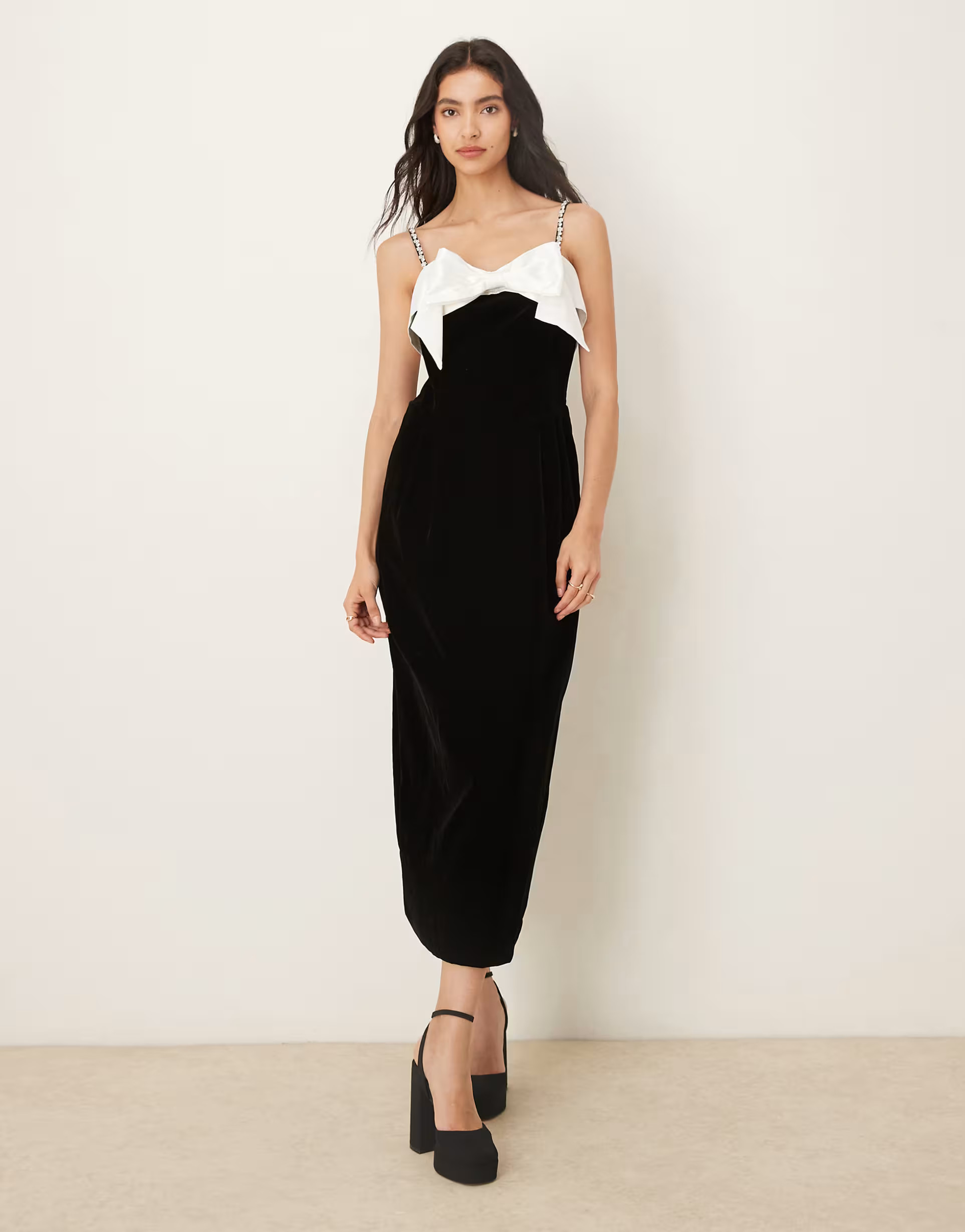 Sister Jane Kelly velvet midi dress in black with white bow and embellished straps | ASOS (Global)