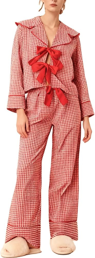 Women 2 Piece Buffalo Plaid Pajamas Lounge Set Y2k Long Sleeve Bow Tie Up Shirts Wide Leg Pants S... | Amazon (US)