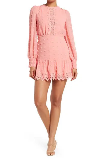 Love By Design Rina Long Sleeve Dotted Chiffon Lace Trim Dress in Rose Petal at Nordstrom Rack, Size Large | Nordstrom Rack