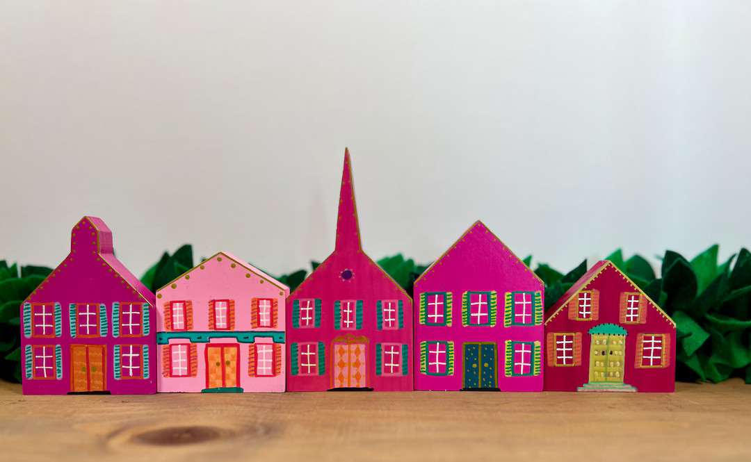 SET of 5 Hand Painted Christmas Village Wood Houses Barbie Pinks - Etsy | Etsy (US)