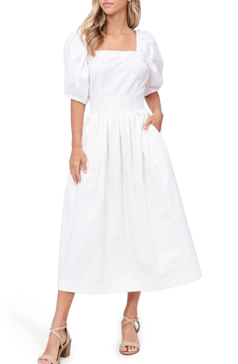Square Neck Puff Sleeve Pleated Cotton Dress | Nordstrom