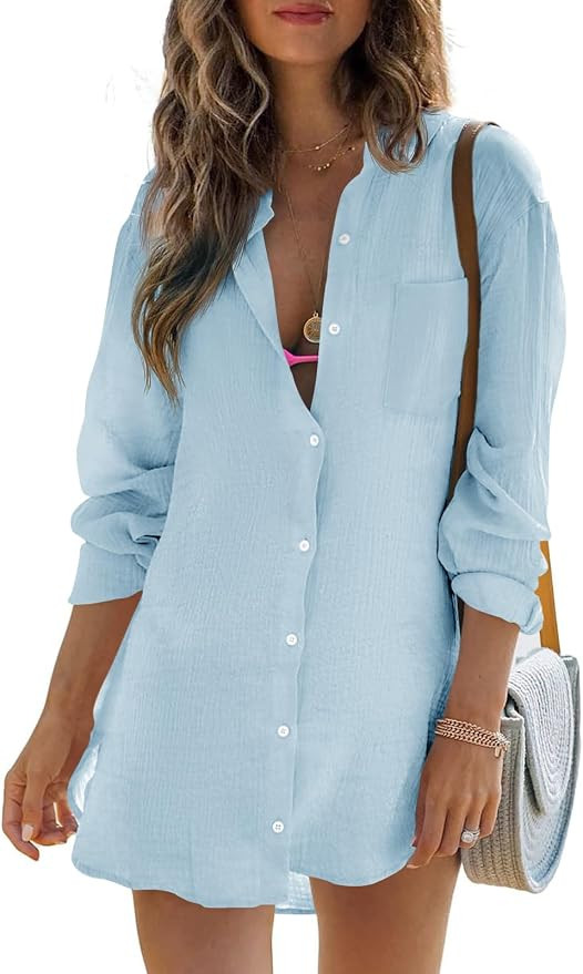 Womens Beach Cover Up Button Down Shirts Summer Cotton Gauze Tops Long Sleeve Bikini Swimsuit | Amazon (US)