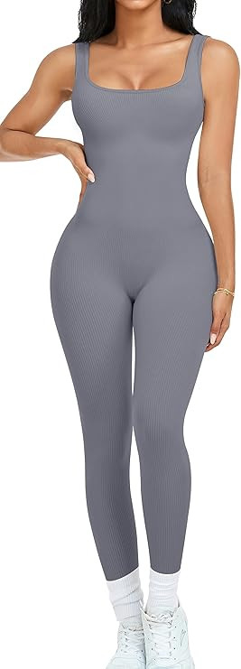 OLCHEE Womens Workout Rompers Jumpsuits Seamless Ribbed Yoga Gym One Piece Sleeveless Square Neck... | Amazon (US)