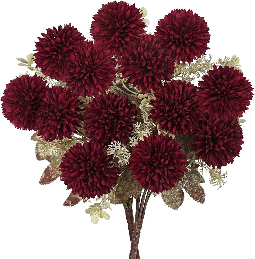 2Pcs Artificial Fall Mums Flowers Burgundy Fake Chrysanthemums Bouquets | Amazon (US)