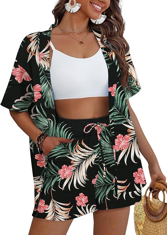 Women's 2 Piece Hawaiian Outfits Tropical Swimsuit Cover Up Kimono Beach Wear Set with Shorts Poc... | Amazon (US)