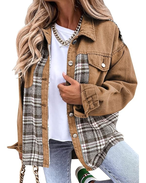 SHEWIN Womens Oversized Denim Jacket Casual Long Sleeve Button Down Plaid Shacket Boyfriend Jean ... | Amazon (US)
