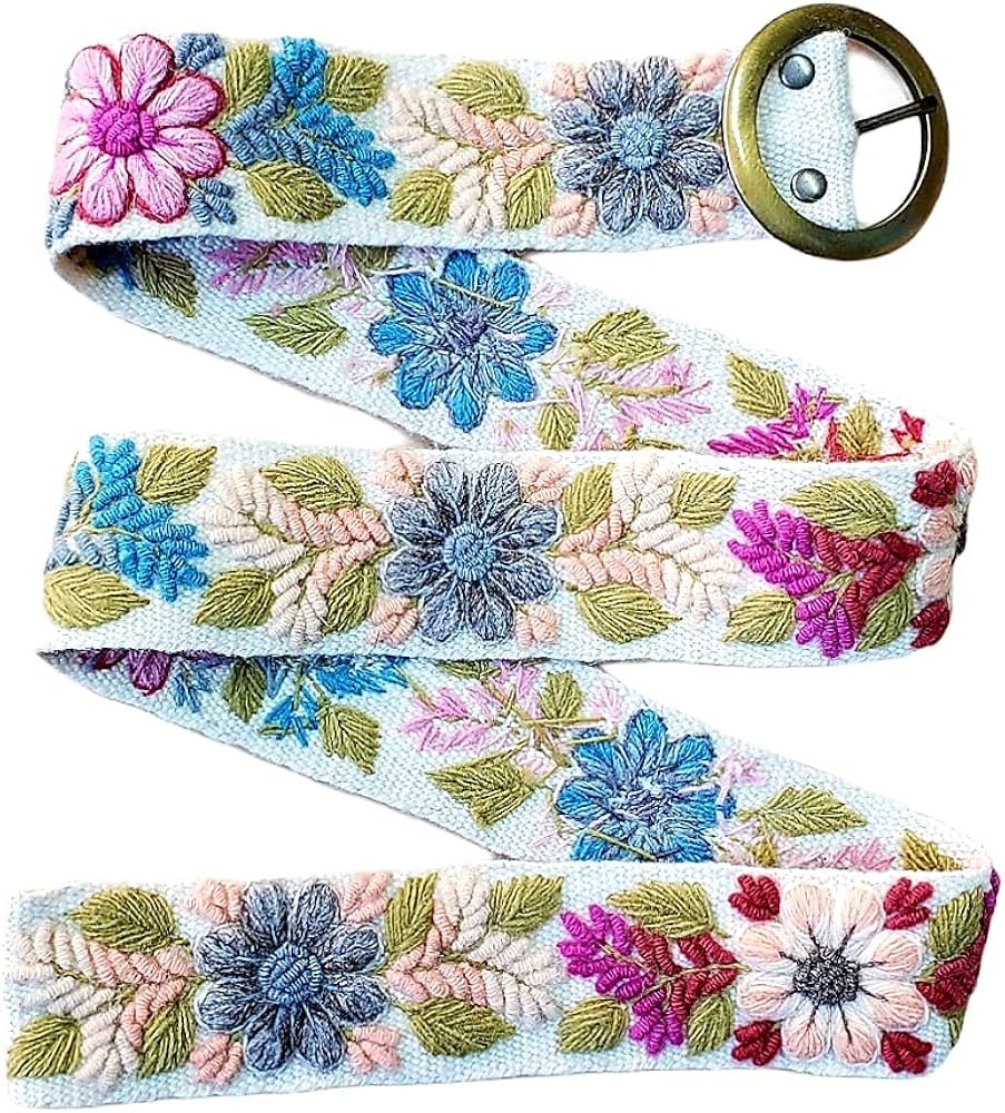 Ivory belt with soft colorful flowers, handmade embroidered with natural wool in Peru, artistic f... | Amazon (US)