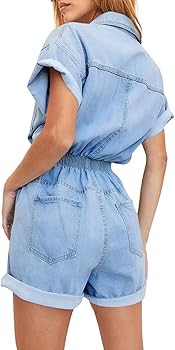 Cicy Bell Women's Utility Denim Rompers Short Sleeve Button Down Jeans Short Jumpsuits With Pocke... | Amazon (US)
